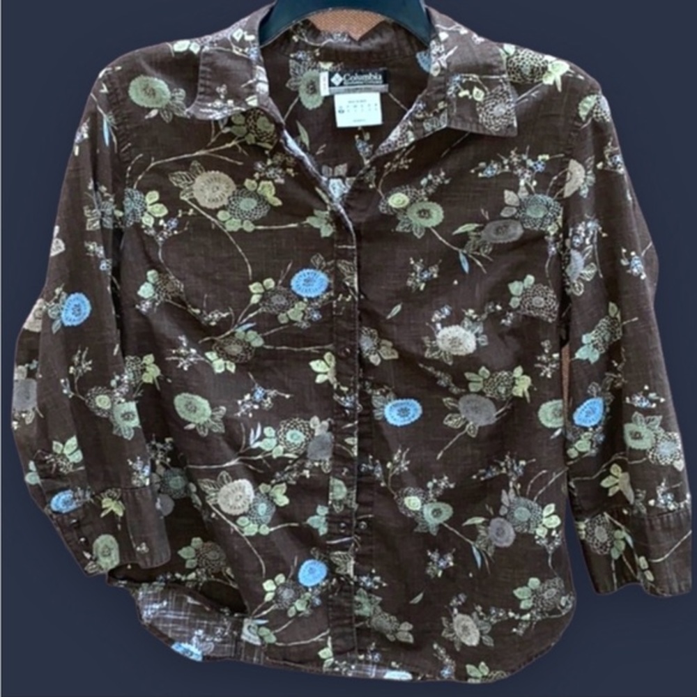 Columbia Floral Snap Front Shirt Women’s Large Brown Blue Cotton Western Style